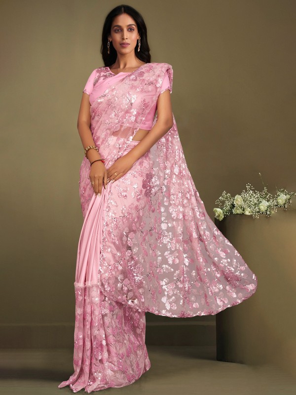 Elegant Pink Crepe Lycra Sequins Readymade Saree
